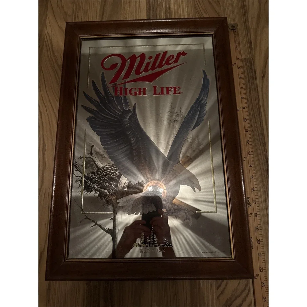 Vintage Miller High Life Bald Eagle Mirror Sign – Wildlife Series – Framed – USA